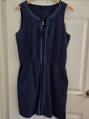 Talbots Navy 100% Cotton Coastal Dress with Embroidery and Tassel accents
